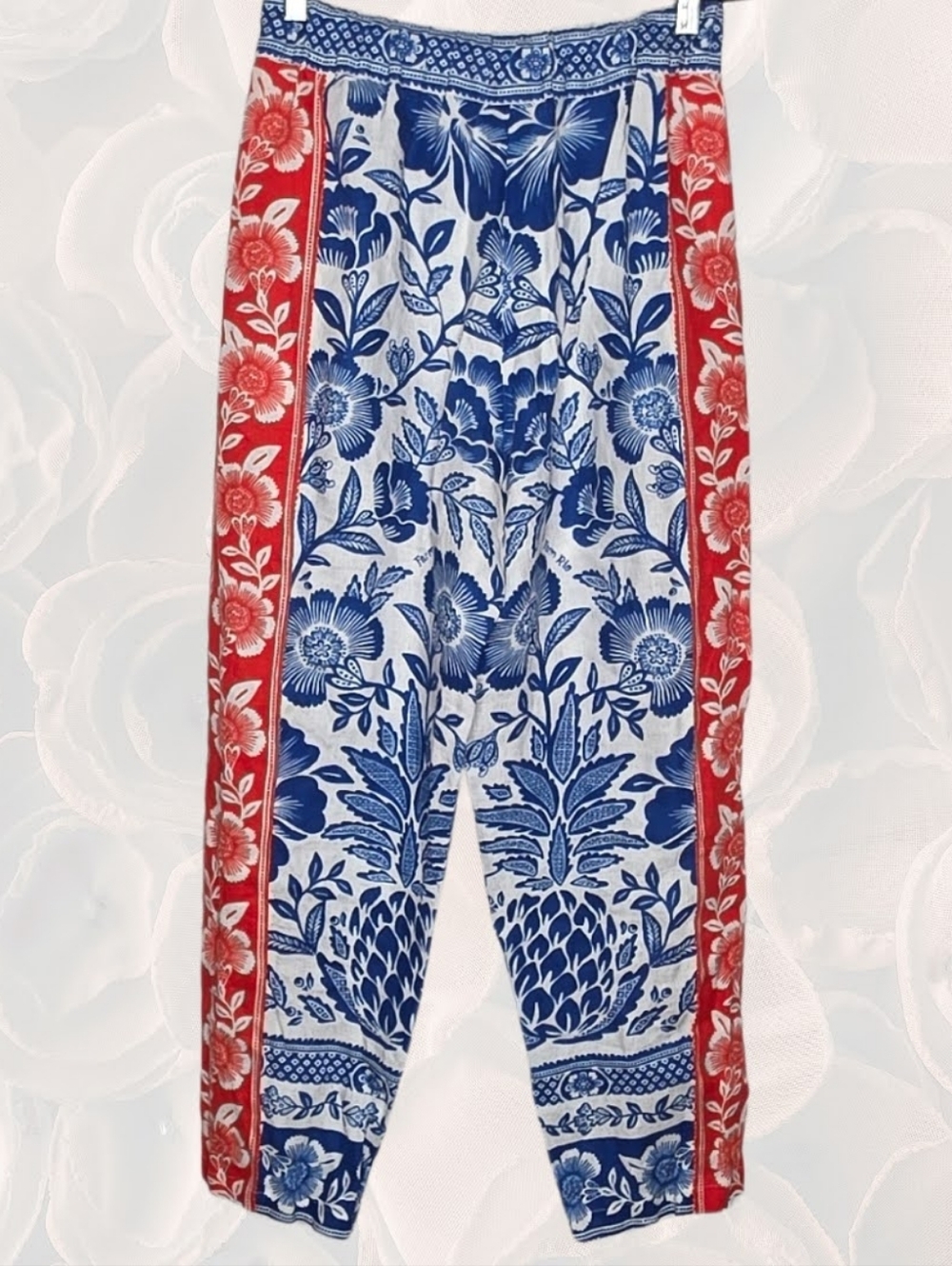FARM Rio for Anthropologie Blue Floral Pants Red Side Stripe Size S - Picture 3 of 9